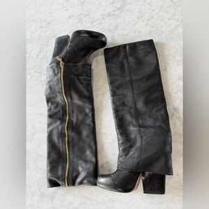 Dolce Vita Black Leather Knee High Boots Gold Zip Block Heel Size 8.5